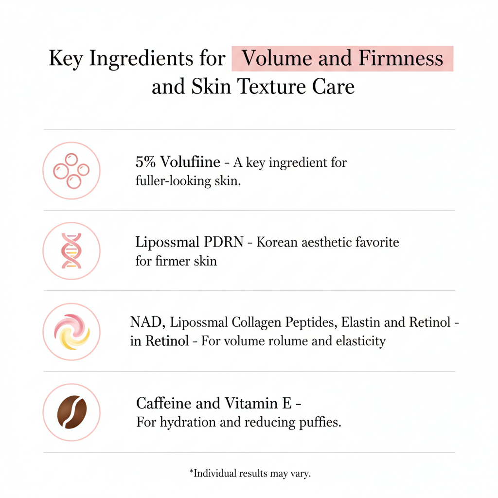 Key Ingredients - Volufiline PDRN Collagen NAD EGF Peptides Retinol Caffeine